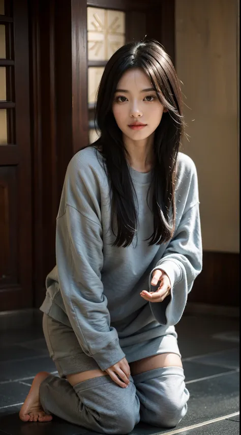 in a temple，She wears a loose sweatshirt，short, Shiny black hair，The skin is as fair as jade，The facial features are delicate and picturesque，ssmile，eye closeds，kneels on the ground，Worship with your hands folded，best qualtiy，tmasterpiece，超高分辨率，（Fidelity：1...