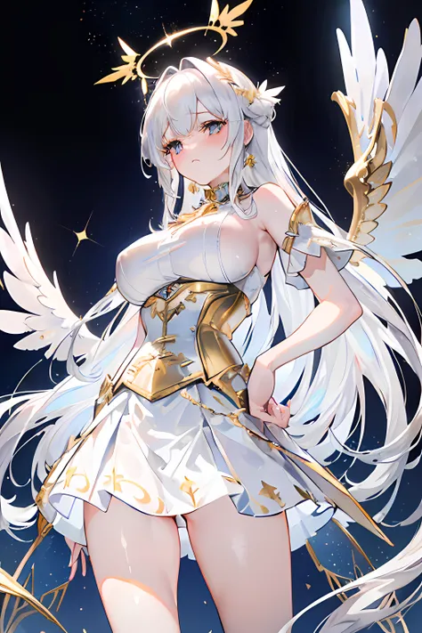 ((white chiffon skirt)),(silver hair)), ((long hair)), ((white mini skirt)),((transparent skirt)), ((blue corset)), ((8K)), ((masterpiece)), ((Gold wings)),((Gold halo)),((28 years old)) ((detailed)),((big breast)),((embarrassed)),((blushed)),((chest open)...