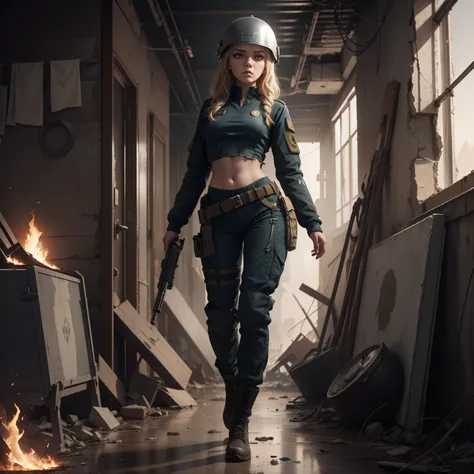 Destroyed towns,Burning Town,Ukrainian girl bathing , Ukrainian anime girls , , Ukraine ,  Full body composition of young girl with messy bright blonde hair, eye make up, 13 year old,  Soft lighting, Solo, Old torn dirty shabby futuristic military uniform,...