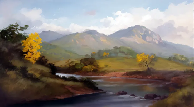 pintura de um rio que atravessa um vale verde exuberante com montanhas ao fundo, colinas fluidas, 8k resolution digital painting, 8k resolution digital painting, Pintura digital 4K, Pintura digital 4k, pintura digital detalhada, baixo detalhamento. pintura...