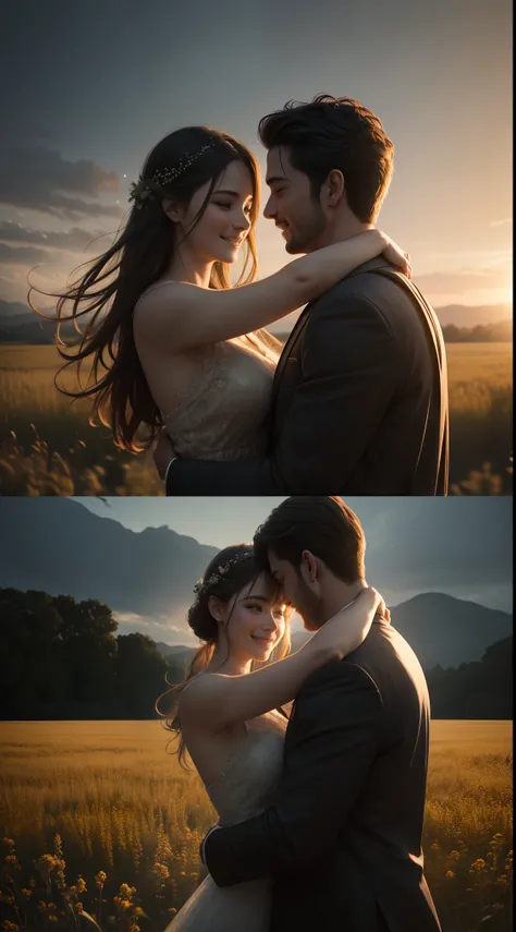 Photorealistic Production Still of a Man and Woman Hugging and Laughing, Epic Romantic Scene, Ethereal field at Evening Background, Ambient Lighting, Film Still, Cinematic Shot and Lighting, Realistic Colors, Intricate Face Detail, Intricate Hand Details, ...