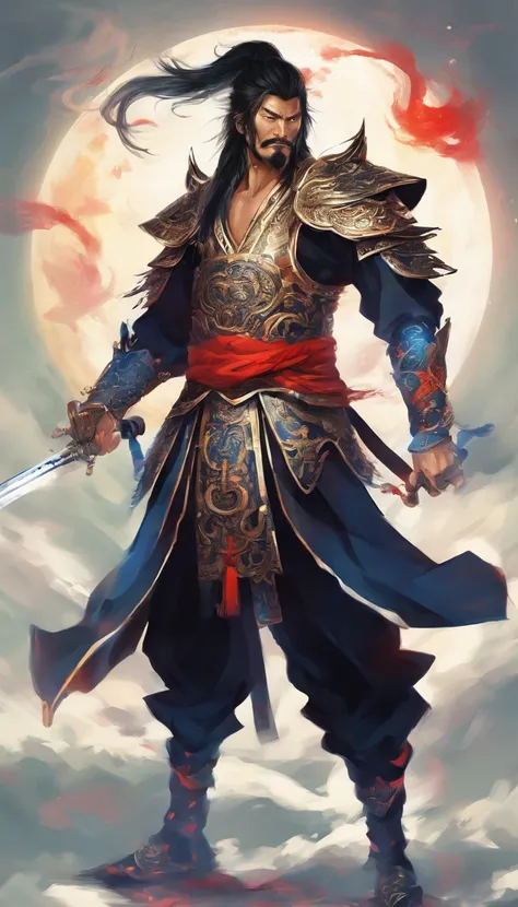 middle aged man, Evil painting style, A high resolution, Black color hair, Half is the body of a demon，Half a demon face, Chinese Warrior, Delicate three-dimensional blue flame demon face, sbeard, Wearing a hat, Expression of anger, Perfect body proportion...