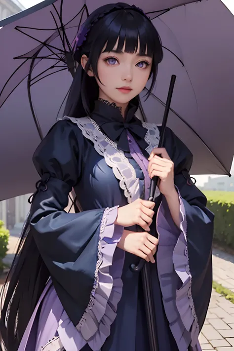 (masterpiece), (best quality), HDR, intricate detail, soft shadow, shadow on face, 1girl, artist_request, long_sleeves, lowres, parody, purple_eyes, rozen_maiden, solo, suigintou, umbrella, dark blue_hair, Blunt Bangs