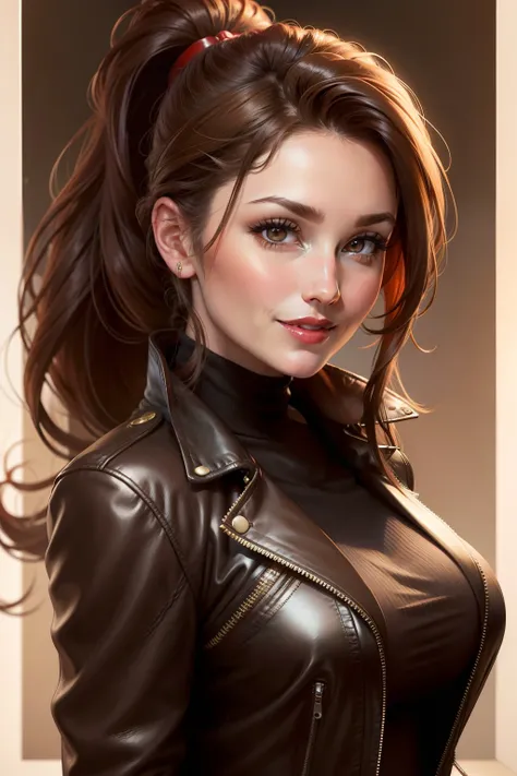 lucy pinder, portrait, face portrait, smiling, brown hair, short black dress, leather jacket, ponytail, red lips, voluptuous.