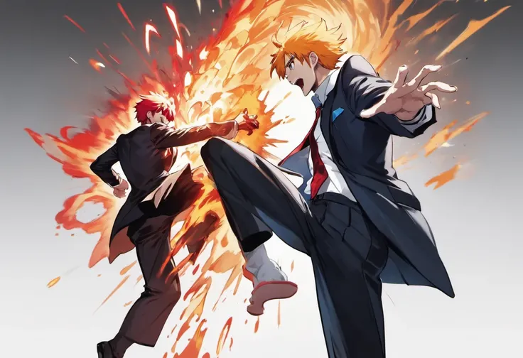 ichigo kurosaki bumping into a standing man in a suit, white background