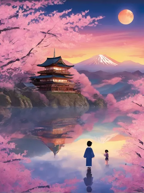 Scenery of the Japan with cherry blossoms in full bloom。A high mountain that touches the sun in the background々。Boy and his father happily exploring。