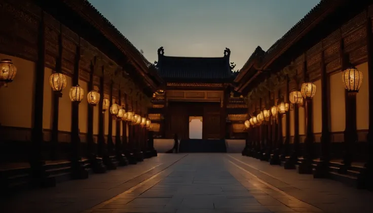 in ancient。Under dusk。Entrance to the Royal Palace。Closed doors。There is a lantern on either side of the doorway。