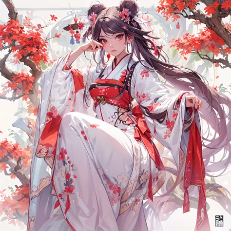 ((Masterpiece, Highest quality)), Detailed face, CharacterDesignSheet， full bodyesbian, Full of details, Multiple poses and expressions, Highly detailed, Depth, Many parts，white backgrounid，Beautiful Chinese girl，National style，red color Hanfu，gossamer，est...