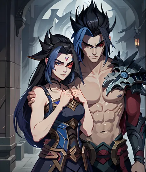 two persons, couple, boyfriends, love, man holding a sword in the moonlight, kayn, handsome guy in demon slayer art, woman head ...