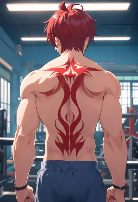 Yuijiro Hanma, red-haired man, standing in a gym, The back is decorated with a devils tattoo. His back is muscular and defined, The focus of his intense workouts.