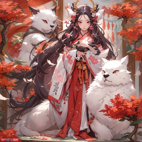 ((Masterpiece, Highest quality)), Detailed face, CharacterDesignSheet， full bodyesbian, Full of details, Multiple poses and expressions, Highly detailed, Depth, Many parts，Beautiful Chinese girl，National style，red color Hanfu，Spirit beasts，gossamer，estilo ...