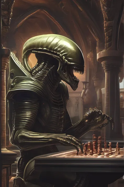 XENOMORFO HUMANOIDE jugando ajedrez