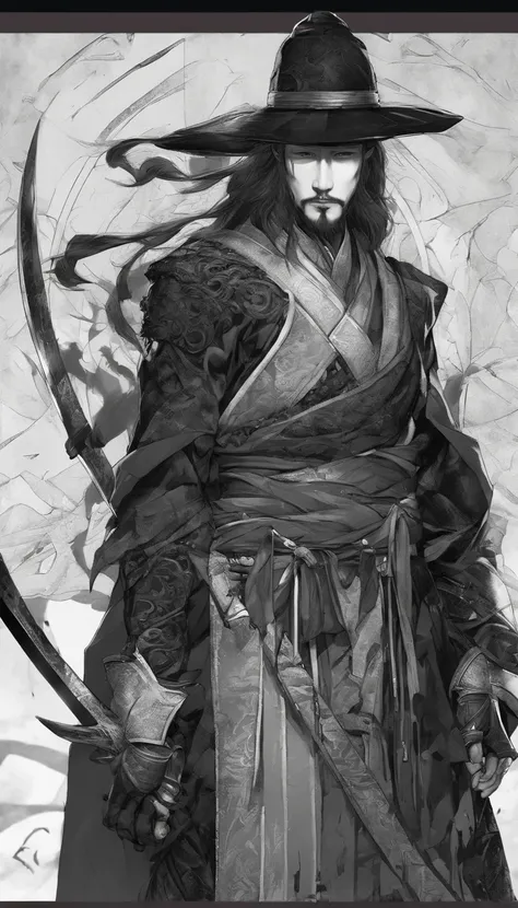 middle aged man, Evil painting style, A high resolution, Black color hair, Half is the body of a demon，Half a demon face, Chinese Warrior, Delicate three-dimensional blue flame demon face, sbeard, Wearing a hat, Expression of anger, Perfect body proportion...