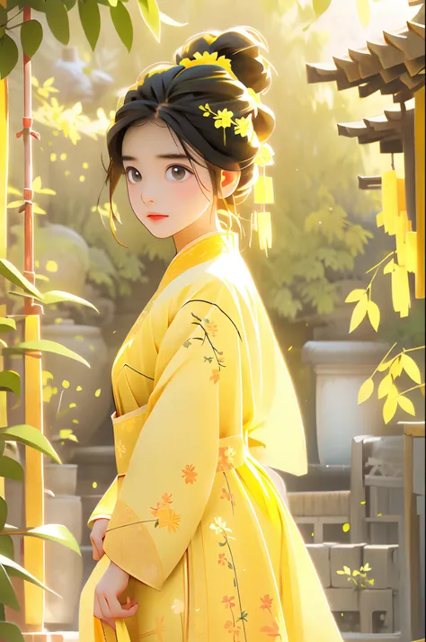 Yellow Hanfu 1 girl, morningglow