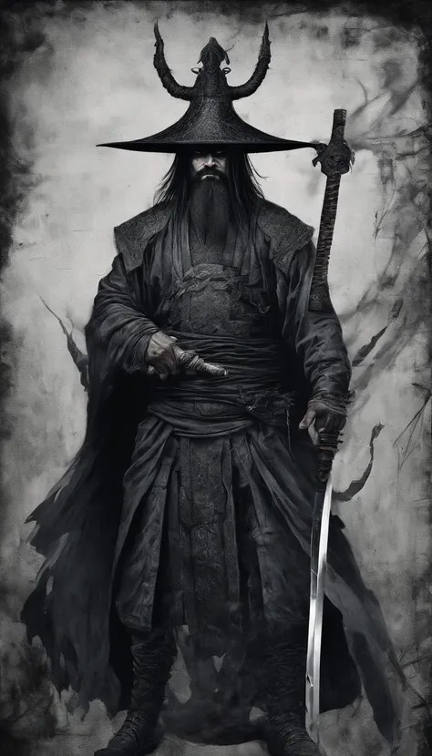 middle aged man, Evil painting style, A high resolution, Black color hair, Half is the body of a demon，Half a demon face, Chinese Warrior, Delicate three-dimensional blue flame demon face, sbeard, Wearing a hat, Expression of anger, Perfect body proportion...