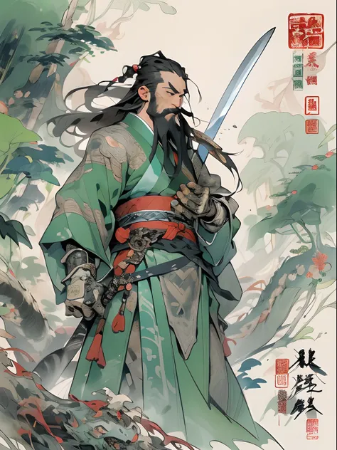 (((China-style，Ink painting method，Half-length portrait，Intense color，Han dynasty, China，Hanfu，Armor，Guan yu，Guan Yunchang，of a guy，Ruddy killing square face，Hold the Blue Dragon Moon Knife in his right hand，Stroke your beard with your left hand，Long hair，...