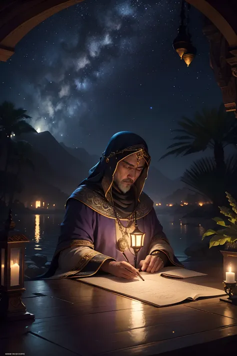 A noble and wise sultan wrapped in thoughts, in a place where the darkness of the night merged with the light of the stars and the sultans wisdom seemed to be a beacon guiding everyone who dared to enter this magical garden. It was a haven of beauty and re...