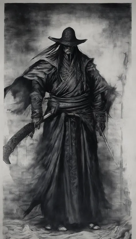 middle aged man, Evil painting style, A high resolution, Black color hair, Half is the body of a demon，Half a demon face, Chinese Warrior, Delicate three-dimensional blue flame demon face, sbeard, Wearing a hat, Expression of anger, Perfect body proportion...