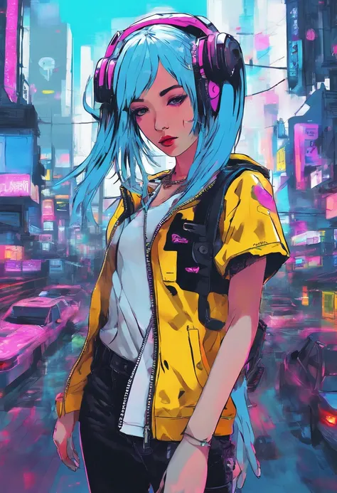 super detailed, Panda-headed girl in white T-shirt in the cyberpunk town of Takatsuki. blue hair,　amarelo　colourfull