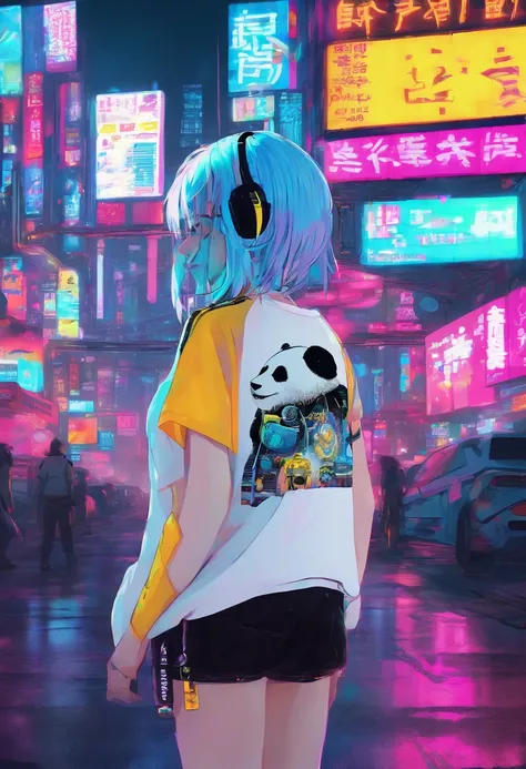 super detailed, Panda-headed girl in white T-shirt in the cyberpunk town of Takatsuki. blue hair,　amarelo　colourfull