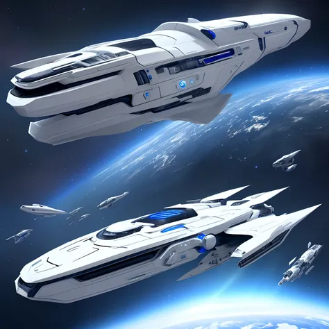 1 Long Spaceship, white with blue accents, In the middle of space, Futurism, hyper realisitc, science-fiction, higly detailed