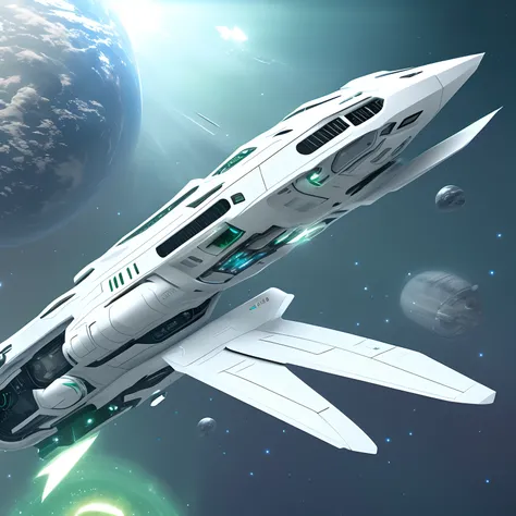 1 Long white spaceship with green-blue accents,  in outer space, Futurism, hyper realisitc, Noochnaya fiction, higly detailed