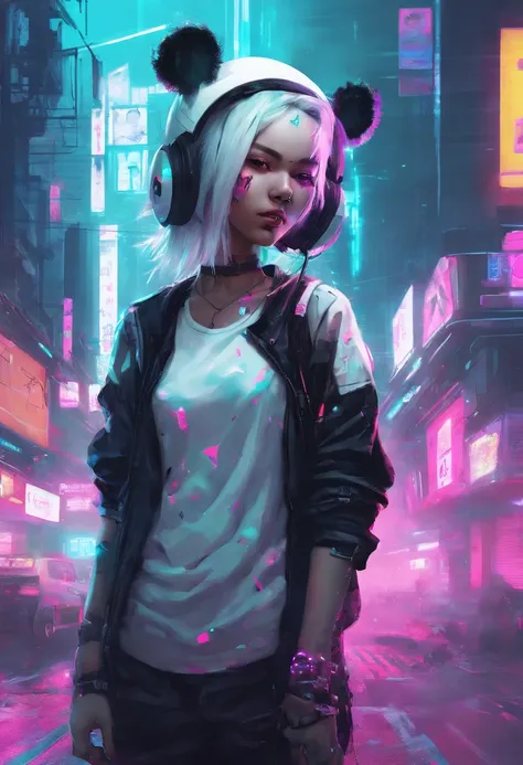 super detailed, Panda-headed girl in white T-shirt in the cyberpunk town of Takatsuki. white hair,　amarelo　colourfull