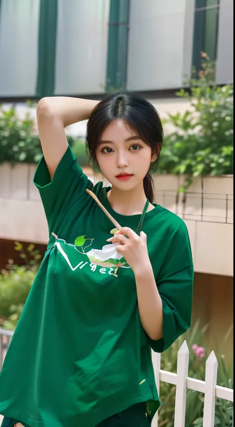 araffe girl in a green shirt posing for a picture, ( ( dark green, dang my linh, green shirt, casual clothing style, korean womens fashion model, dark green, ulzzang, korean girl, anime thai girl, casual green clothing, wearing green clothing, green clothe...