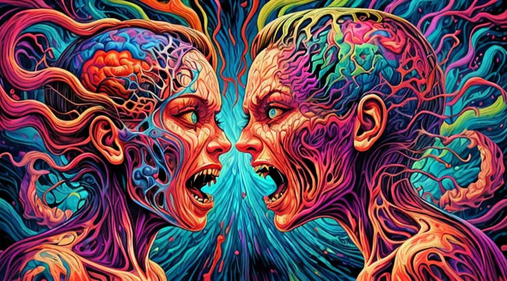 horror-themed psychedelic style a man and a woman screaming at each other, open brain, connected brain, distorted realities . vibrant colors, swirling patterns, abstract forms, surreal, trippy . eerie, unsettling, dark, spooky, suspenseful, grim, highly de...