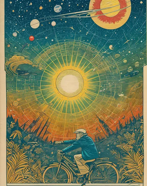 thrid person view of an old man riding a bicycle into the nature, time and space, palnets, solar system and sun;  blotter art --auto --s2