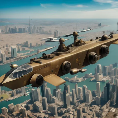 Flying battleship in the air，With the sky and the city as the background，em estilo steampunk