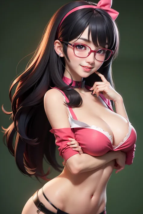 1 kawaii gamer girl, nsfw, japanese girl, solo, bright red eyes, glasses, eyelids, blush, seductive smile, naughty expression, red lips, hair bangs, smooth long hair, black hair, pink ribbon hairband, heart earings, collar, collarbone, sexy body, slim wais...