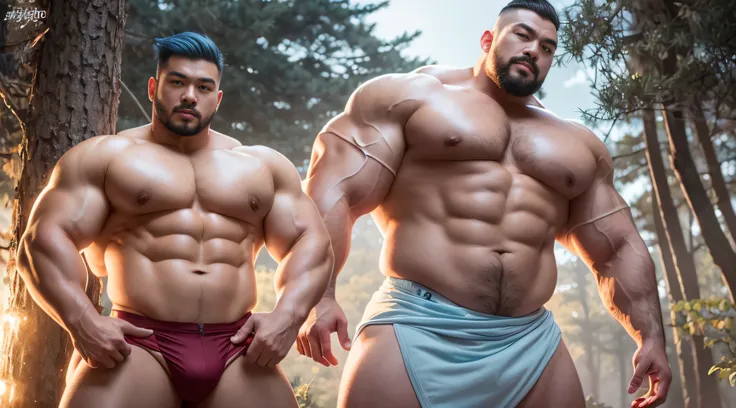 A sexy Chinese man，lightblue hair, short detailed hair，parted lip, Lips, White robe,Forest background, Sunset lights, Short beard perfect figure with tattoos, Very huge and strong body, Bulging muscles, musculous, Very large pectoral muscles，Very sexy abs，...