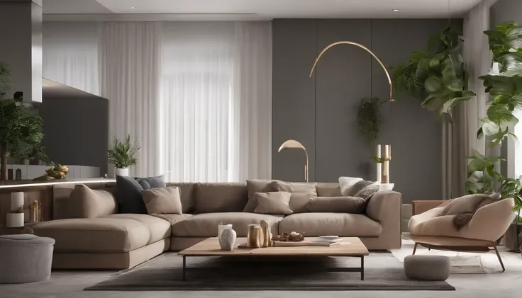 You are a famous interior designer，Ele foi contratado para criar uma imagem em close-up 3D de um grande estudo moderno，desfoque da lente， Create a harmonious environment with modern and minimalist furniture. Some houseplants are included，Make it look fresh...