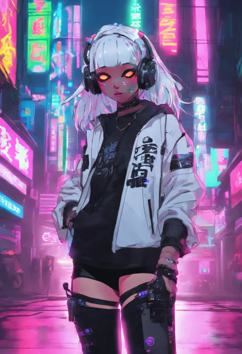 super detailed, Panda-headed girl in white T-shirt in the cyberpunk town of Takatsuki. white hair,　amarelo　colourfull