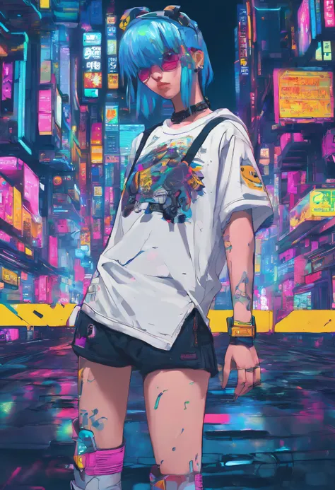 super detailed, Panda-headed girl in white T-shirt in the cyberpunk town of Takatsuki. blue hair,　amarelo　colourfull