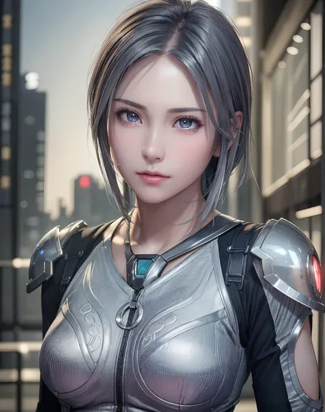 (8K, Photorealistic, Raw photo, of the highest quality: 1.3), (1girl in), Super beautiful, (Realistic face), (boyish, Silver Color Berry Shorthair), Beautiful cyberpunk suit, Glare that captivates the viewer, Beautiful expression, Beautiful breasts, (Reali...