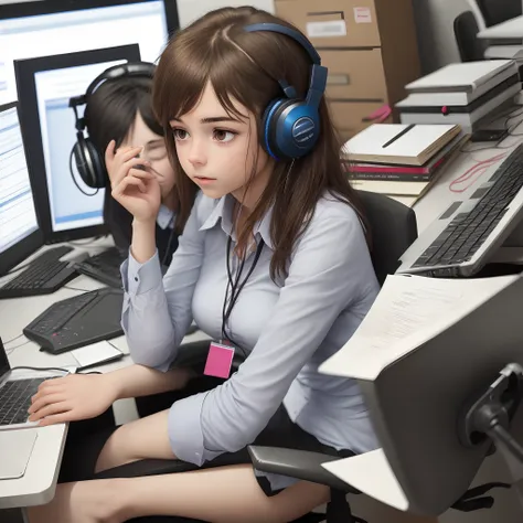 A girl listening to music at an office