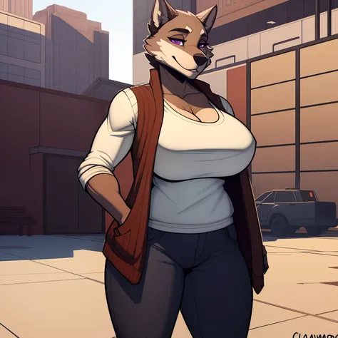 Athletic_Mature_timberwolf female brown_furry_body purple_eyes milf very_fluffy large_breasts cardigan t-shirt pants solo Masterpiece best_quality absurdres highly_detailed cleanly_drawn_eyes anthro_only embarrassed_smile by_claweddrip, by_greasymojo, by_u...