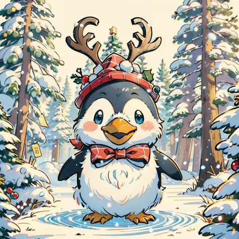 "cute Penguin smile wearing a reindeer hat and a bow tie, pine tree Snow behind, merry Christmas style, ultra-high detail, (((white background))), cartoon Style, vector illustration, high quality, 12k, solid colors, ornate, 6 warm colors, sticker design, p...