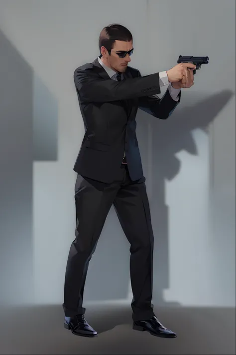 a man in a suit holding a gun and pointing it at the camera, in an action pose, confident action pose, action pose, with pistol, full body action pose, shooting pose, dramatic wielding gun pose, man standing in defensive pose, action poses with weapons, dr...