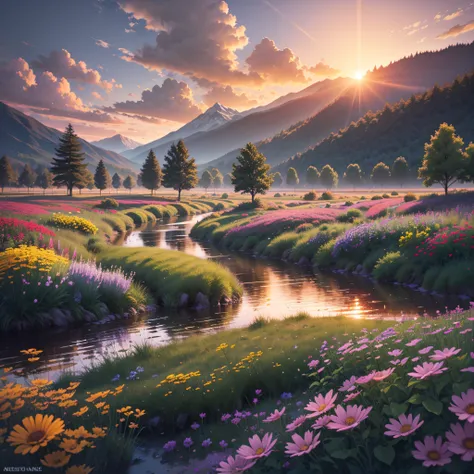 place of wonders trees, grasses, a pasture with hills and a river between them, beautiful water, artistic sky, art concept, art, realistic, paradise, sunset, sunset reflecting on river, mountains, fantasy, fiction, cinematic lighting, place full of lives a...