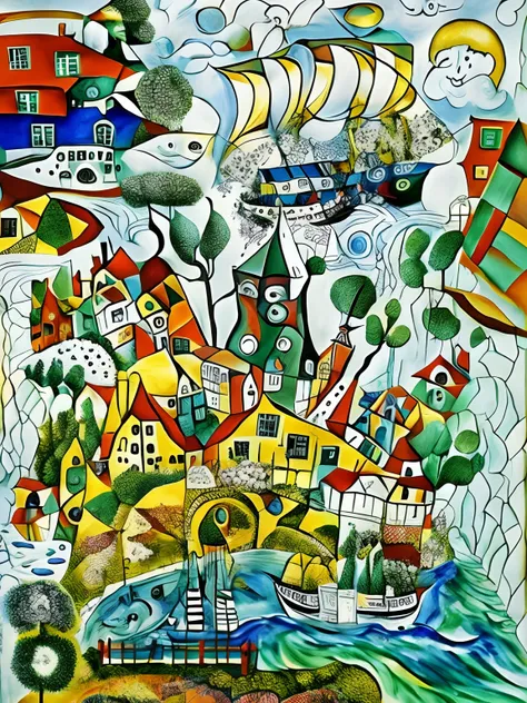 There is an image of a painting of a boat with many things on it, arte caprichosa, Surrealismo caprichoso, inspirado em Saul Steinberg, inspirado em Tove Jansson, a bustling magical town, inspirado em Grayson Perry, inspirado em Marcell Chagall, inspirado ...