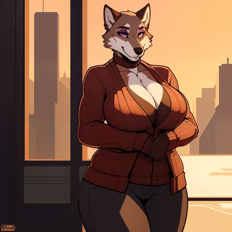 Athletic_Mature_timberwolf female brown_furry_body purple_eyes milf very_fluffy large_breasts cardigan sweater pants solo Masterpiece best_quality absurdres highly_detailed cleanly_drawn_eyes anthro_only embarrassed_smile by_claweddrip, by_greasymojo, by_u...