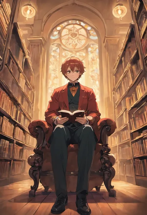 Warm seated man presenting a story in a library, lhomme nous regarde droit dans les yeux