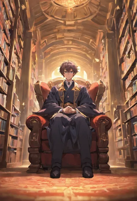 Warm seated man presenting a story in a library, lhomme nous regarde droit dans les yeux