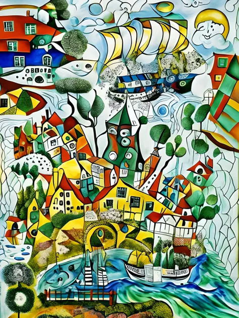 There is an image of a painting of a boat with many things on it, arte caprichosa, Surrealismo caprichoso, inspirado em Saul Steinberg, inspirado em Tove Jansson, a bustling magical town, inspirado em Grayson Perry, inspirado em Marcell Chagall, inspirado ...