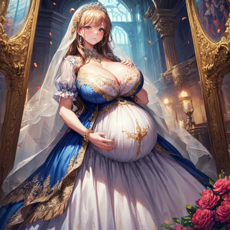 (masterpiece, best quality,extremely detailed:1.1),(moe anime art style:1.2),1girl,((full body,focus face)),((solo)), cute, kawaii,digital art,((1 bling-bling pregnant princess wearing beautiful embroidery and jeweled gorgeous rococo ballgown with jeweled ...