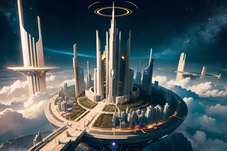 a fantasy 24th century futuristic city ，blessedtech , sci-fy, blessed, aura，extremely detailed