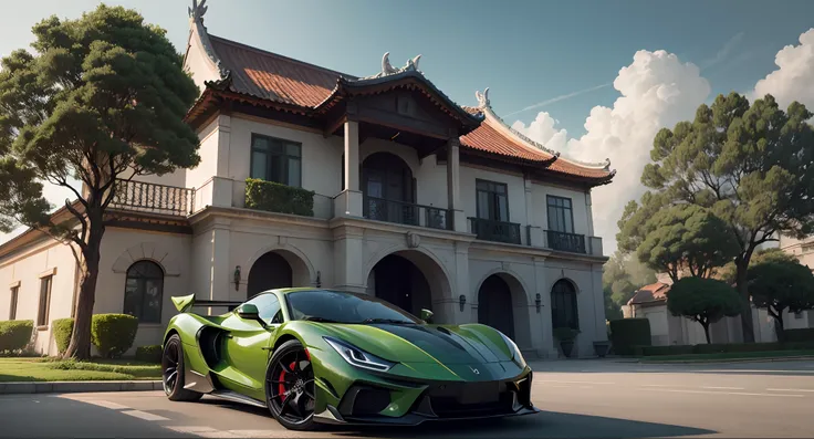 CHINESE mansion façade with super car in front, carro de cor verde, Front view, paisagem, background with blue sky, background with trees, highes definition, foto premiada, hdr